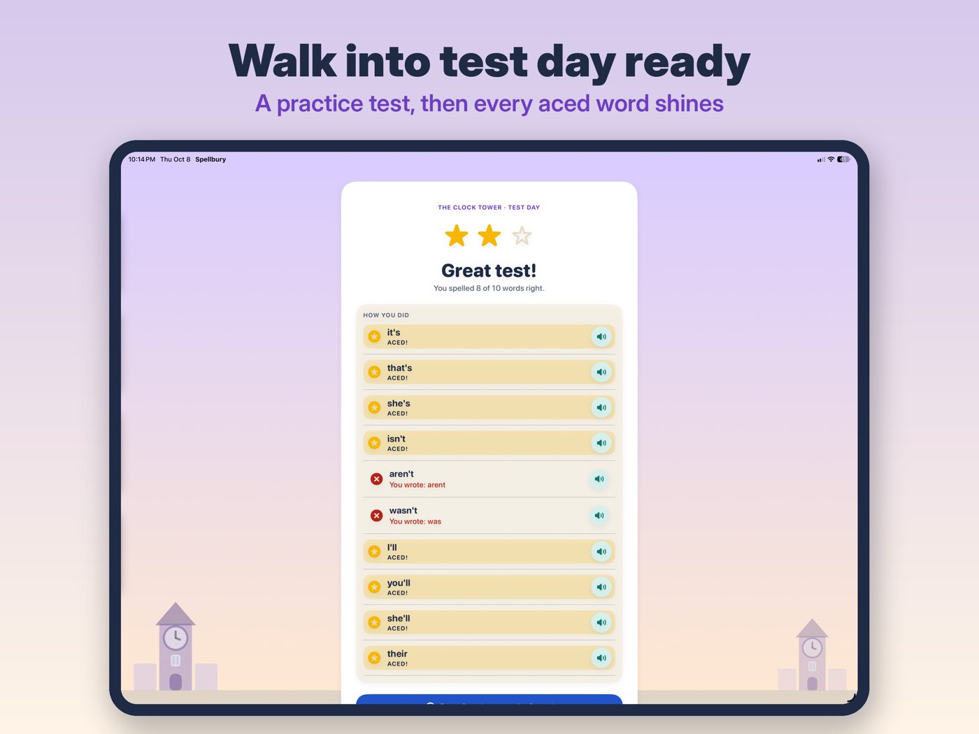 Walk into test day ready: a practice test, then every aced word shines.