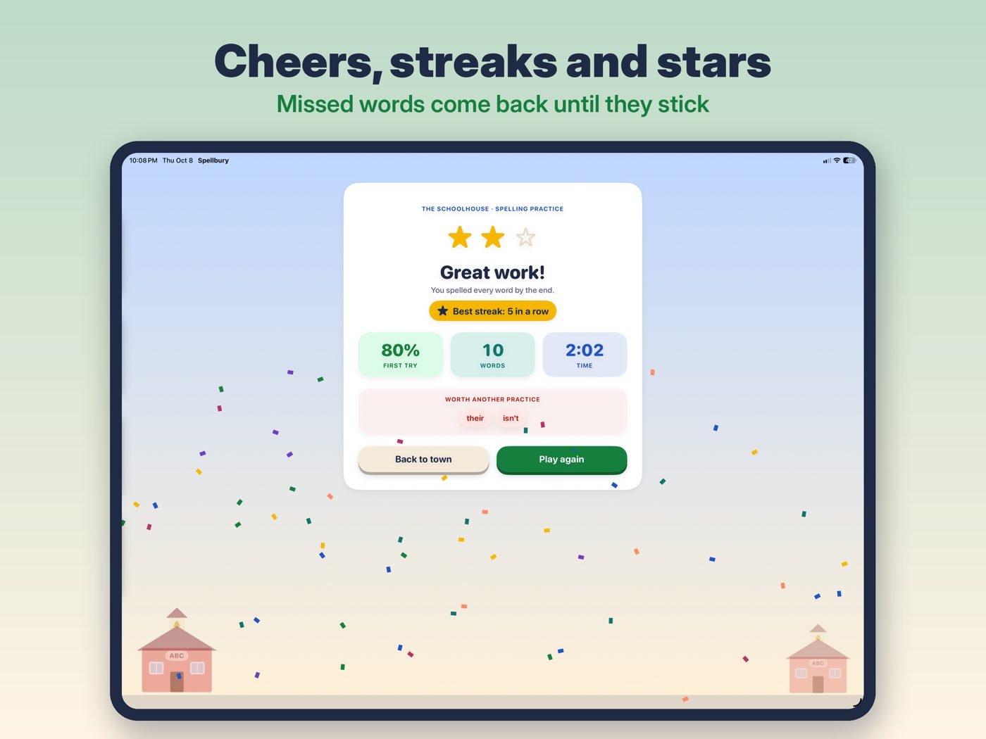 Cheers, streaks and stars: missed words come back until they stick.
